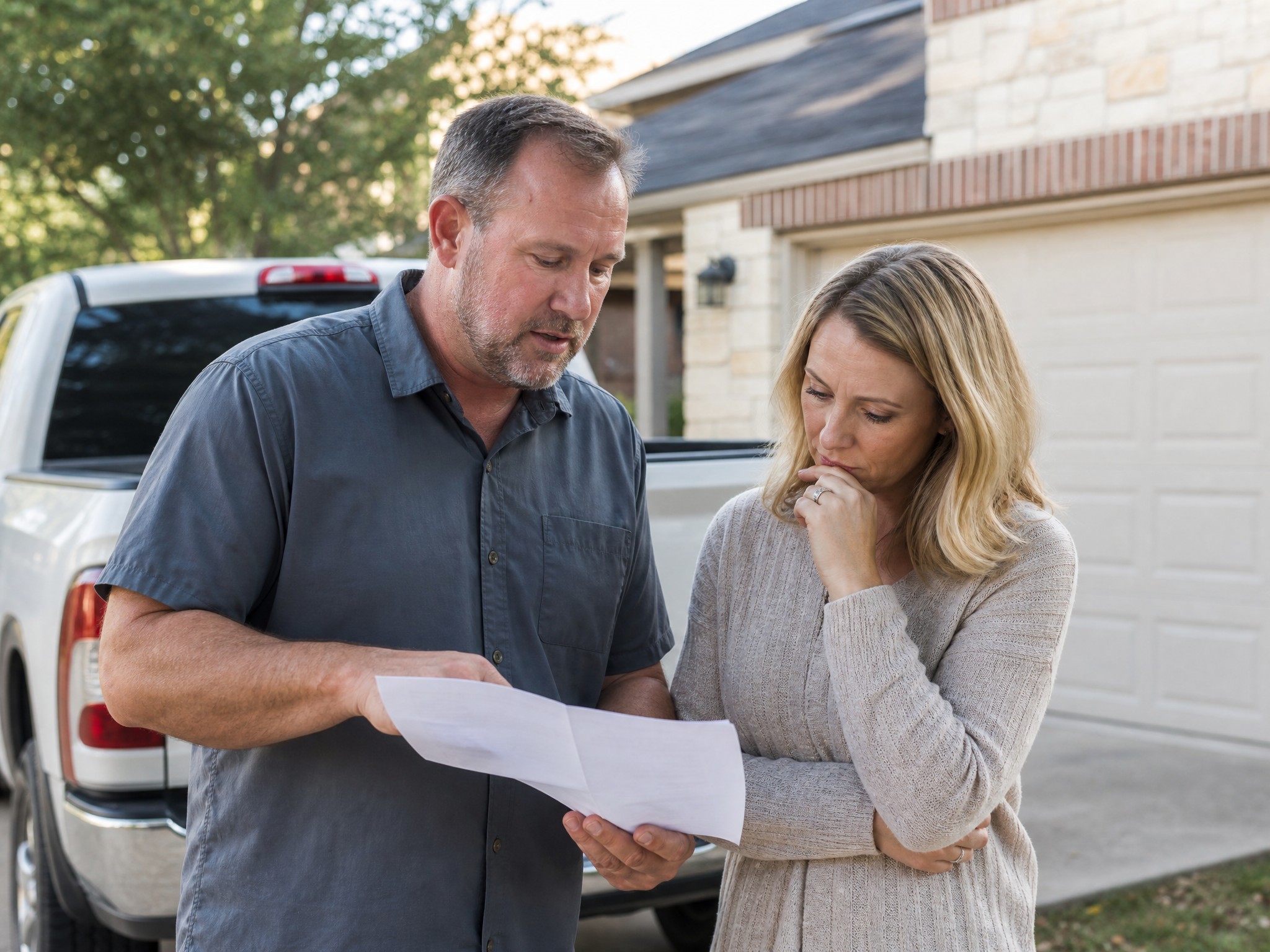 Roofing contractor reviewing a quote with a homeowner at a Texas home