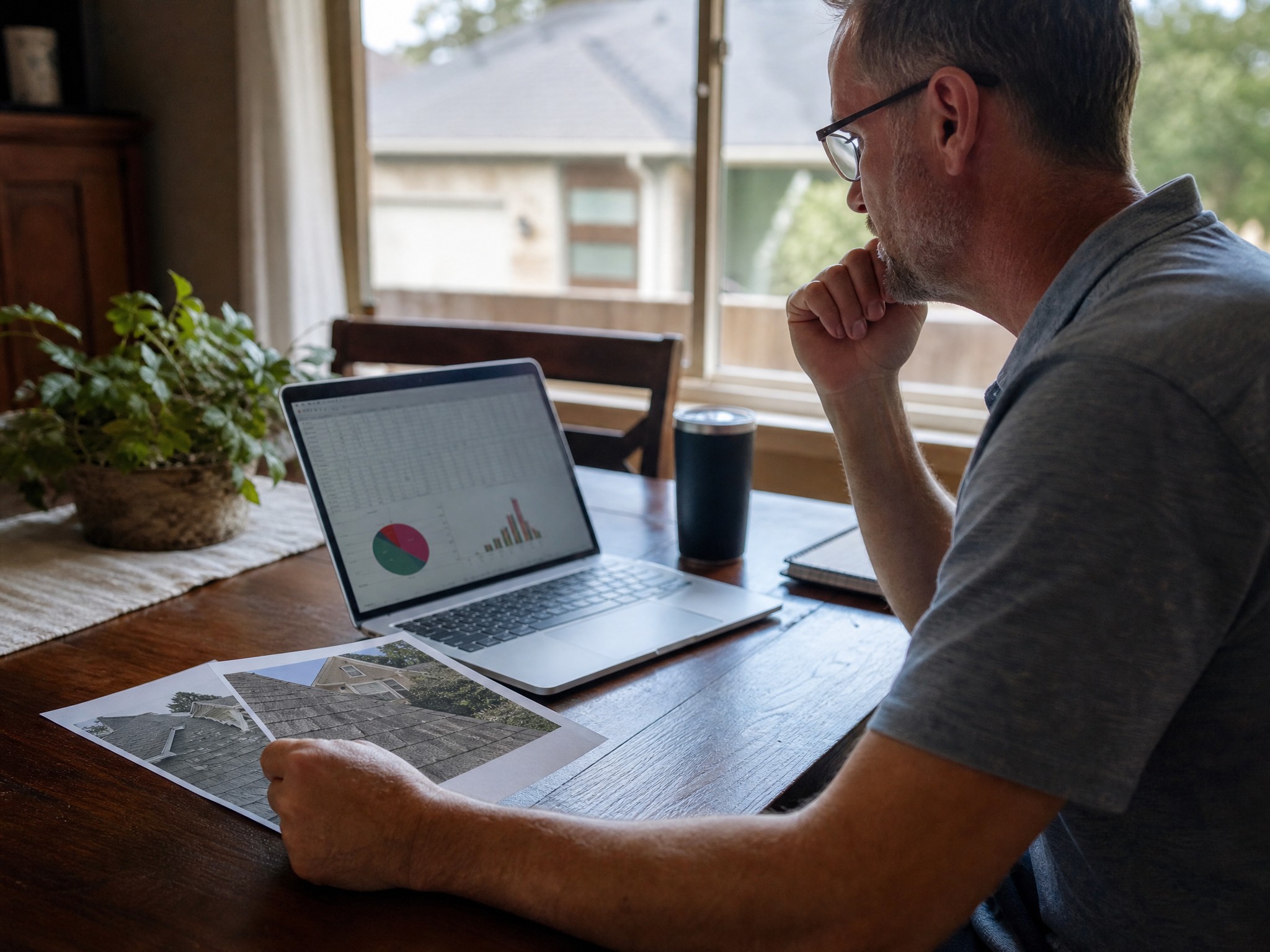 Homeowner reviewing roof financing options on a laptop at home