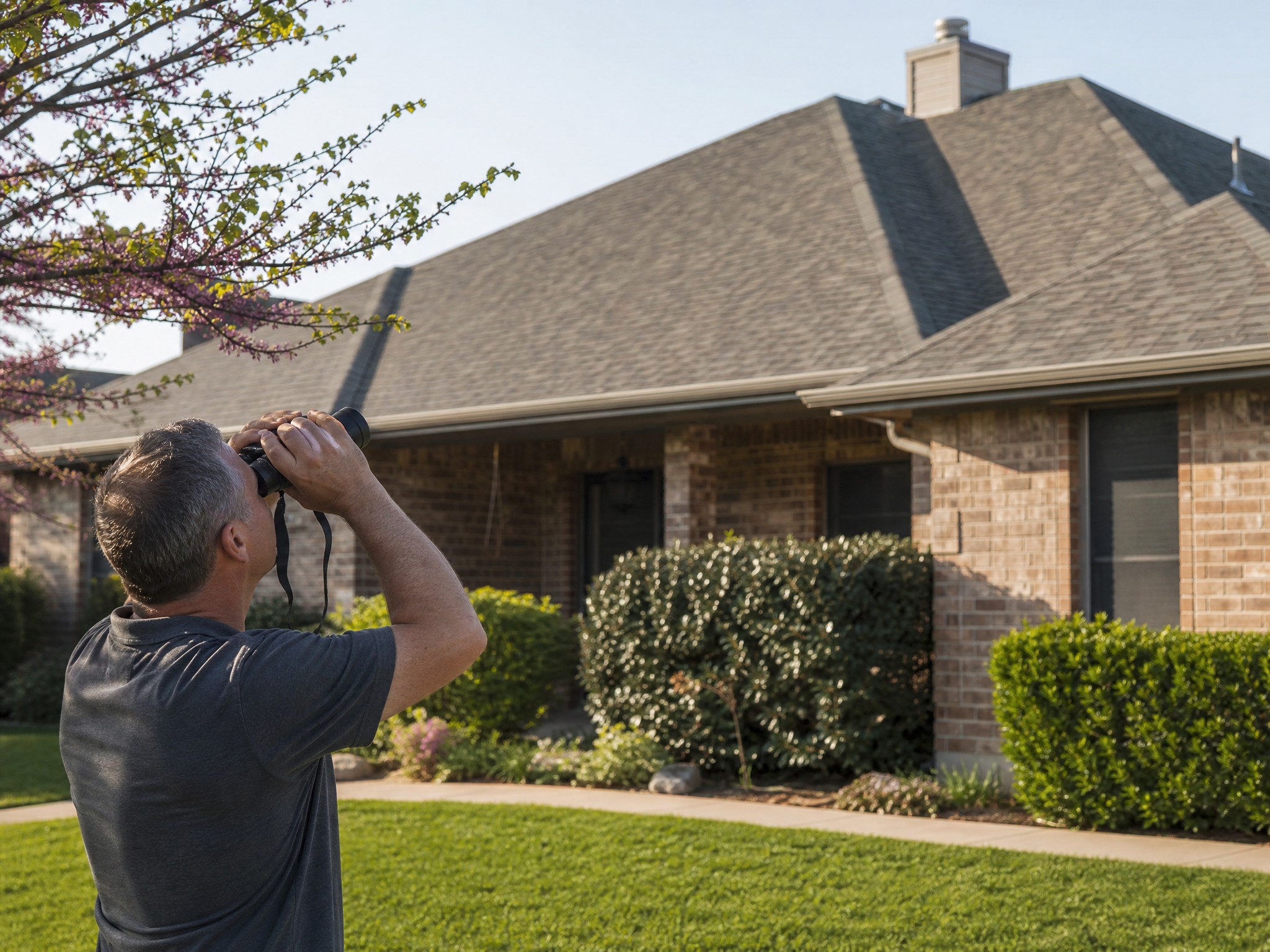 Homeowner inspecting shingles on a Central Texas home in spring