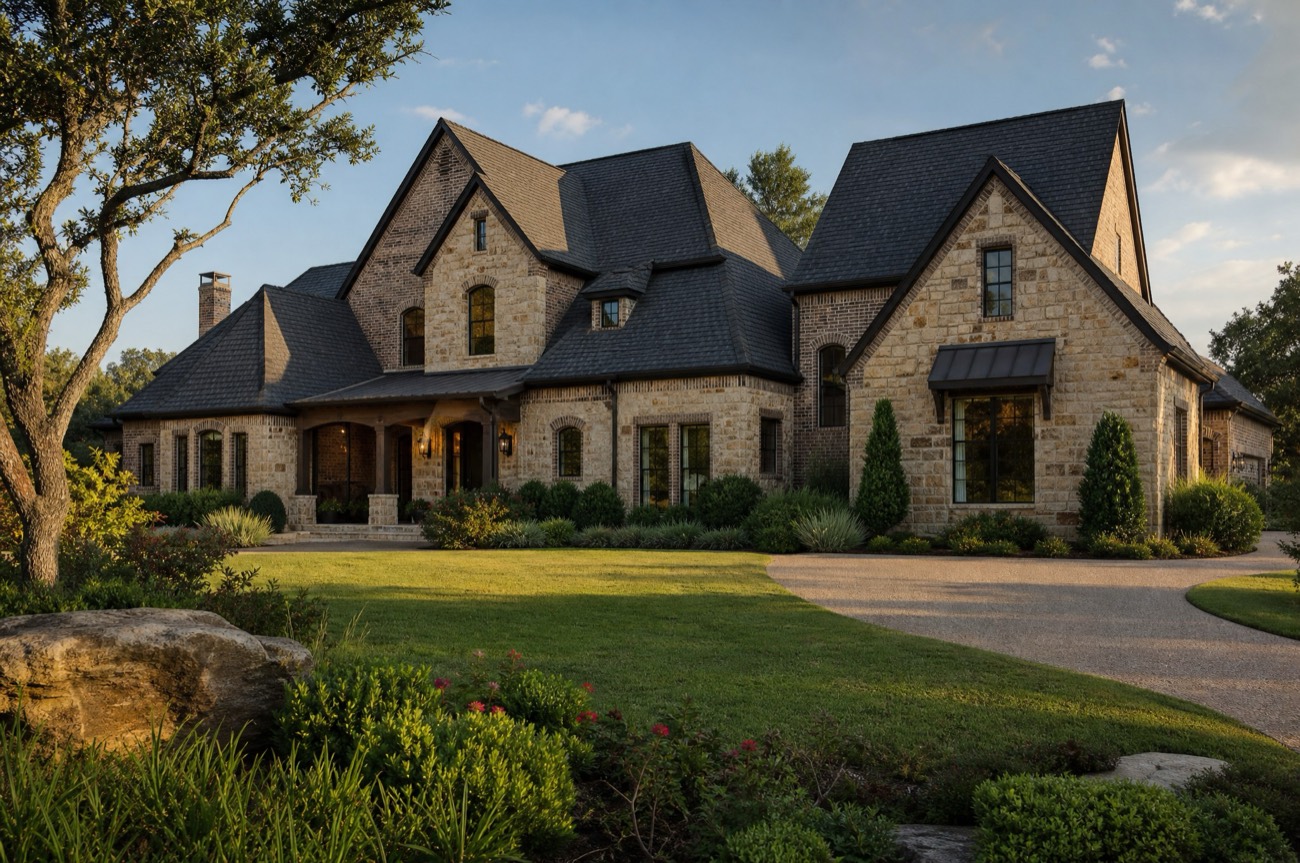 New slate-gray architectural shingle roof on an upscale stone-and-brick home