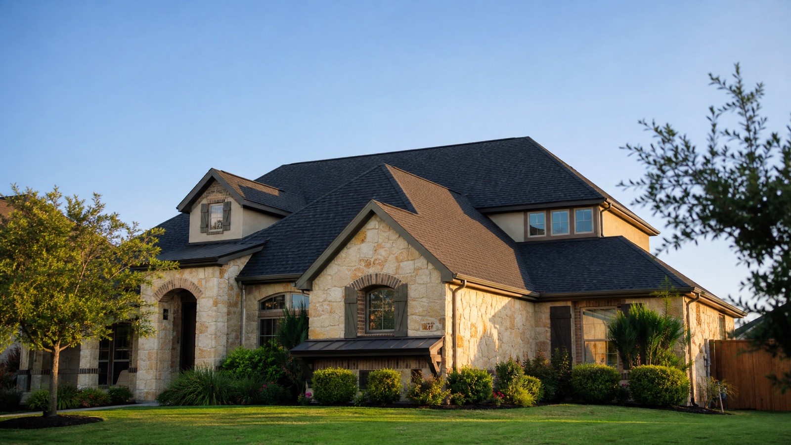 Completed architectural shingle roof on a Central Texas home at golden hour