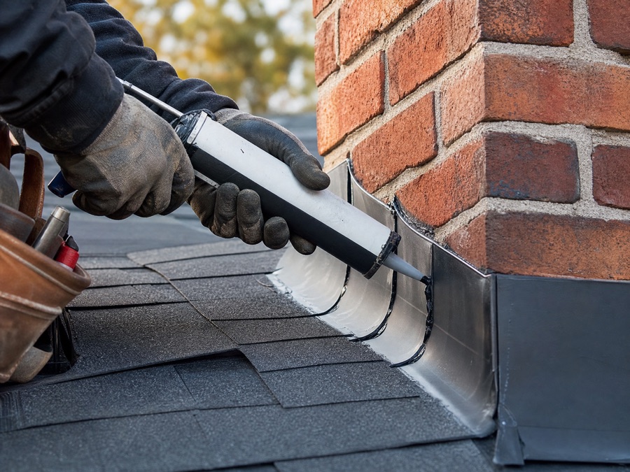 Roofer sealing flashing during a roof repair