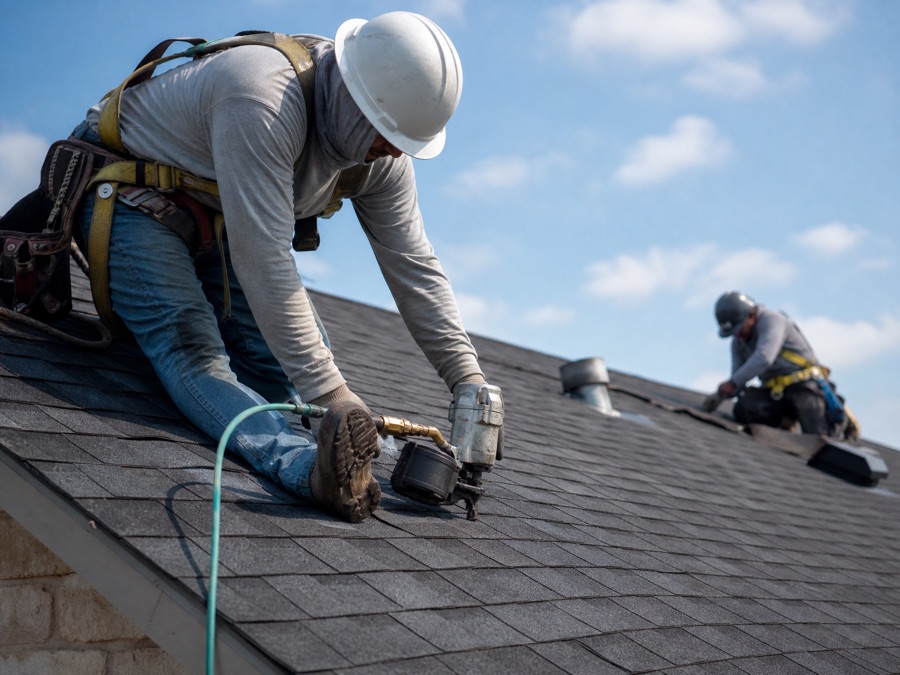 Roofing crew installing a new architectural shingle roof