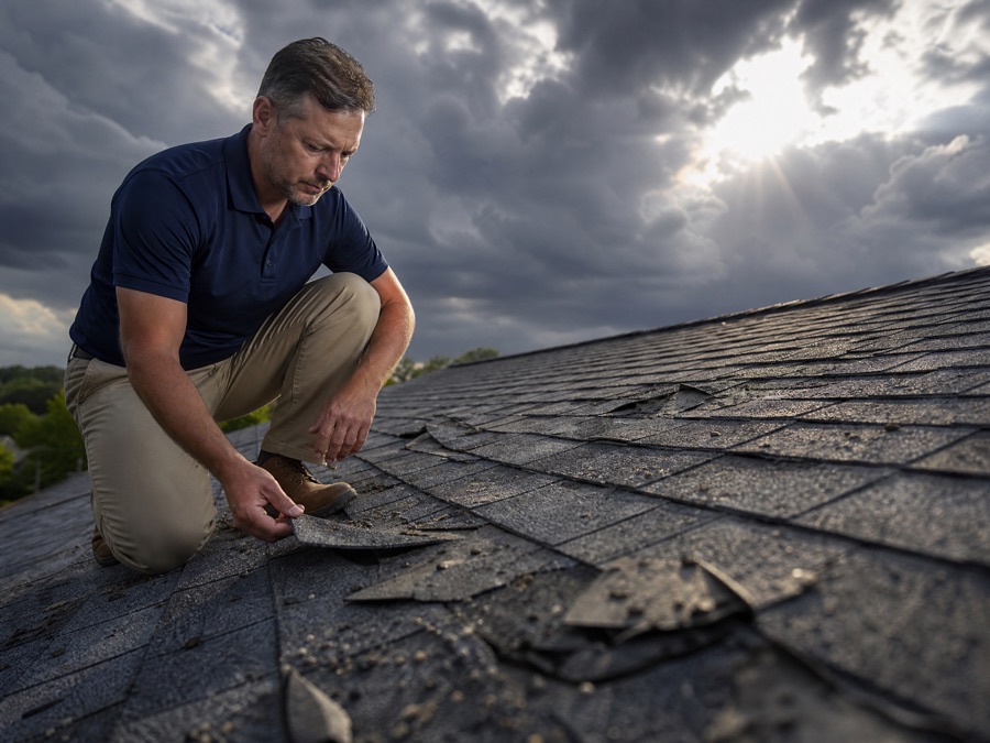 Inspector examining hail and storm damage on a roof